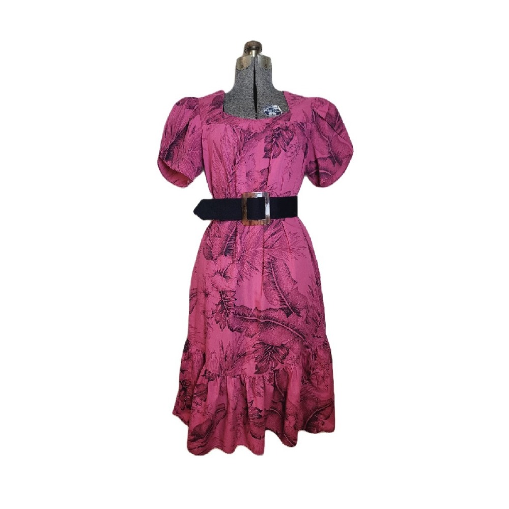 Vintage 70s Pink Floral Ruffle Dress Kad Hawaii Belted Midi Maxi M/L Puff Sleeve